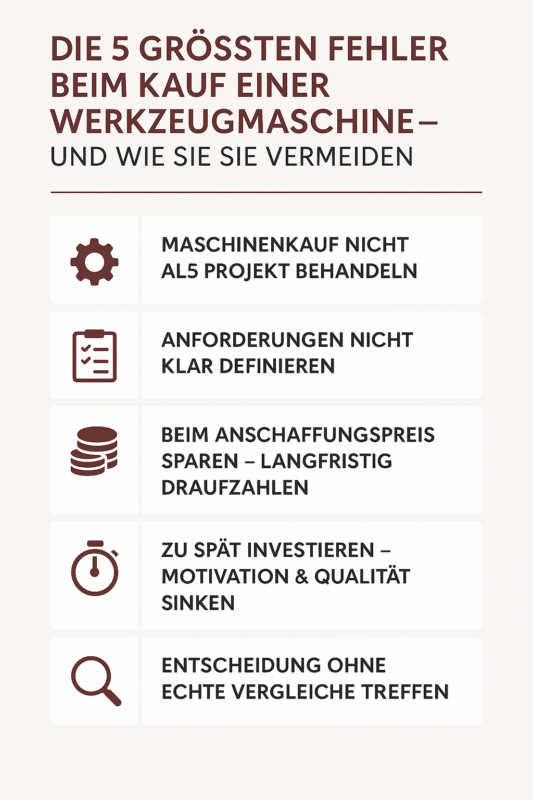 Infografik: Die 5 größten Fehler beim Kauf einer Werkzeugmaschine – kompakte Übersicht für Betriebe