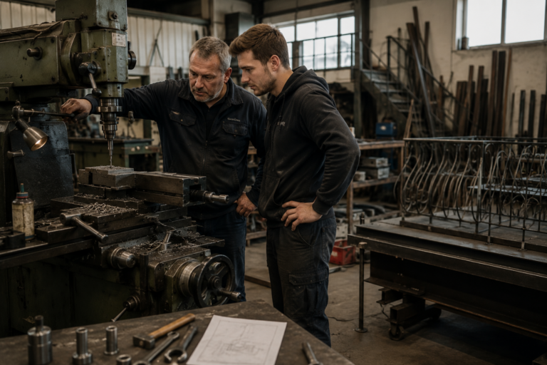 Vater und Sohn in einer kleinen Schlosserei vor einer Fräsmaschine