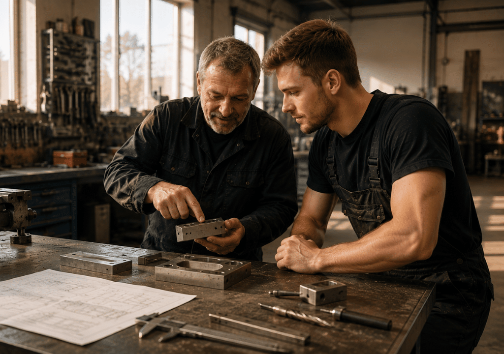 Vater und Sohn in einer kleinen Schlosserei besprechen ein gefrästes Werkstück. Typische Arbeitsumgebung einer kleinen Werkstatt auf der Suche nach der passenden Fräsmaschine.